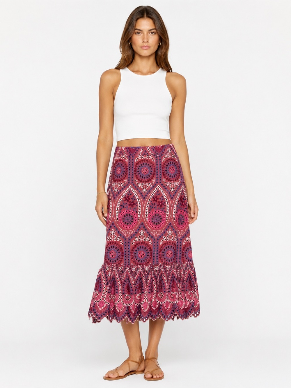 Zara Embroidered Eyelet Midi Skirt Pink Purple Boho Ruffle Hem Size M